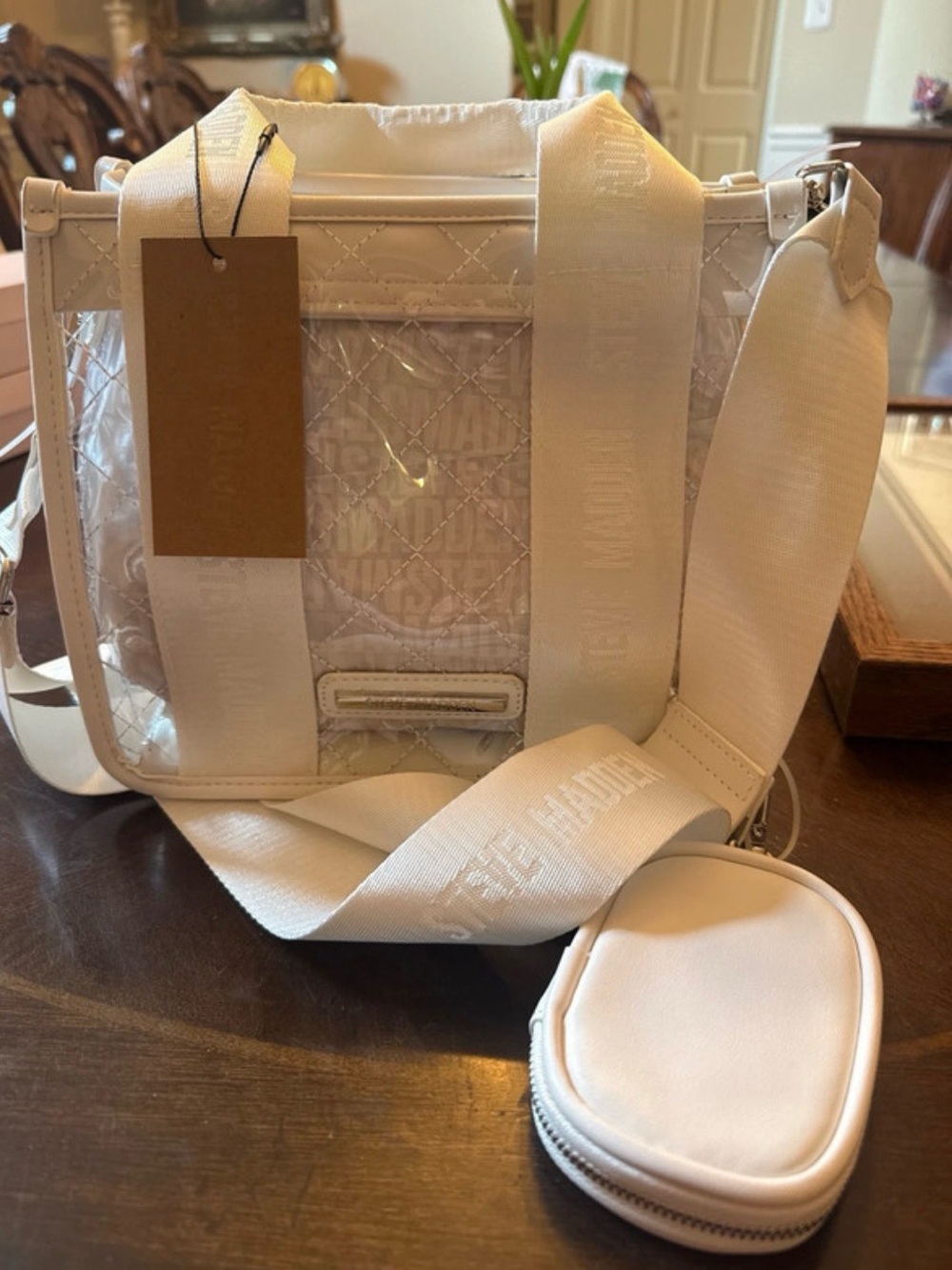 Steve Madden Clear Tote with White Quilted Trim and Strap
